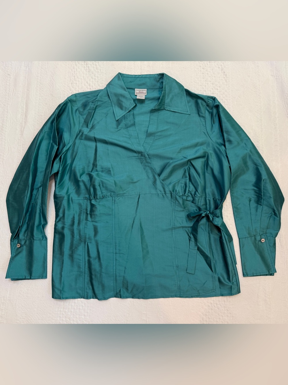 NEW Passports 100% Silk Teal Faux Wrap Blouse Top Women’s XL 1X Long Sleeve